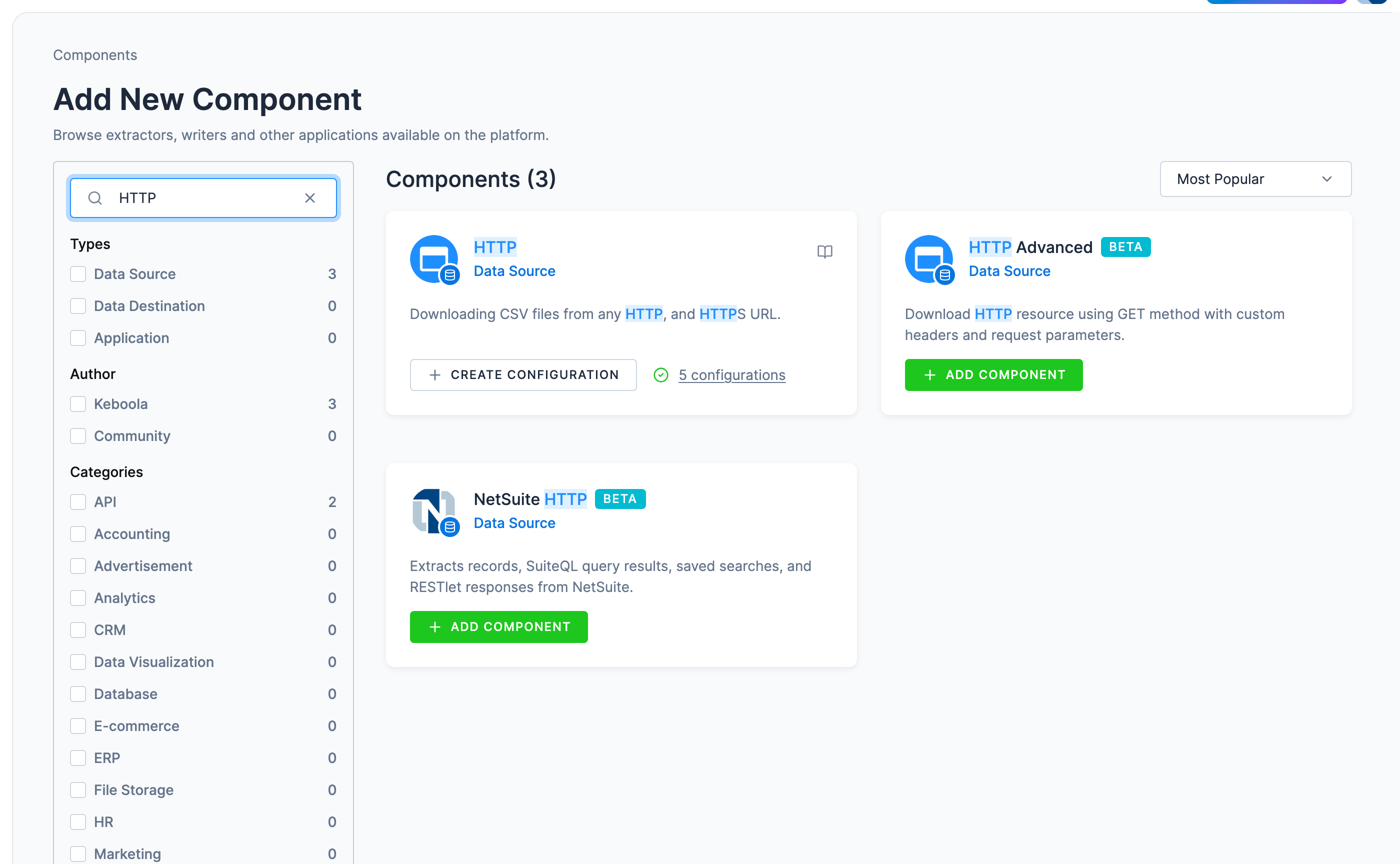 Screenshot - Find the HTTP data source connector